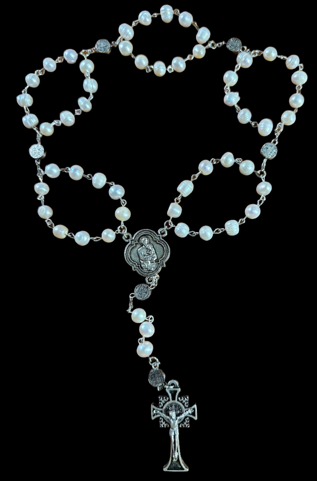 Crown of Pearls w St Joseph Centerpiece St Benedict Pater Noster Beads and Crucifix