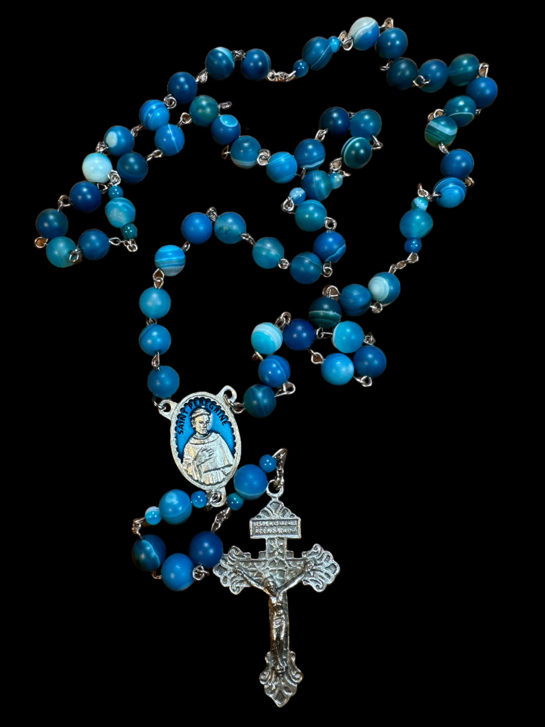 St. Peregrine Rosary w Matte Blue Striped Agate