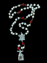 Load image into Gallery viewer, Large Fresh Water Pearls Red Roses with Silver Tone Pieta Centerpiece and Calvary Crucifix
