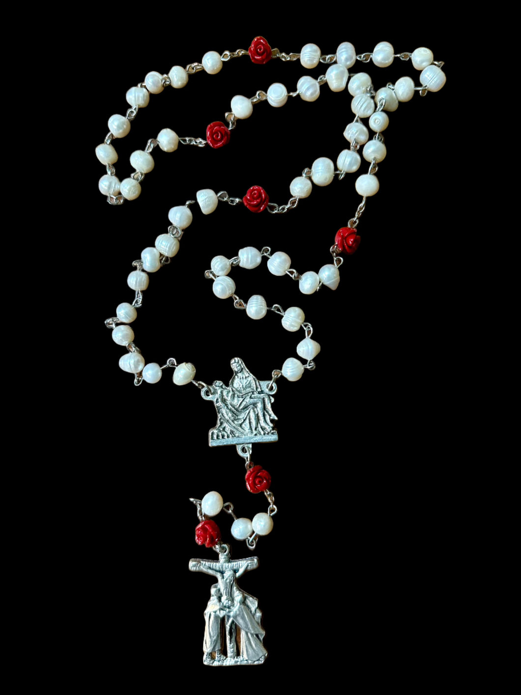 Large Fresh Water Pearls Red Roses with Silver Tone Pieta Centerpiece and Calvary Crucifix