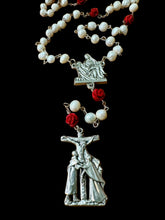 Load image into Gallery viewer, Large Fresh Water Pearls Red Roses with Silver Tone Pieta Centerpiece and Calvary Crucifix
