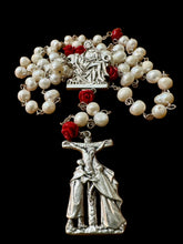 Load image into Gallery viewer, Large Fresh Water Pearls Red Roses with Silver Tone Pieta Centerpiece and Calvary Crucifix
