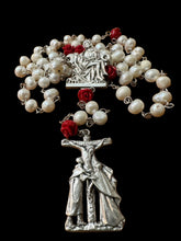 Load image into Gallery viewer, Large Fresh Water Pearls Red Roses with Silver Tone Pieta Centerpiece and Calvary Crucifix
