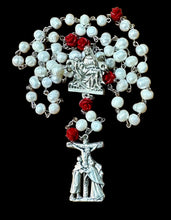 Load image into Gallery viewer, Large Fresh Water Pearls Red Roses with Silver Tone Pieta Centerpiece and Calvary Crucifix
