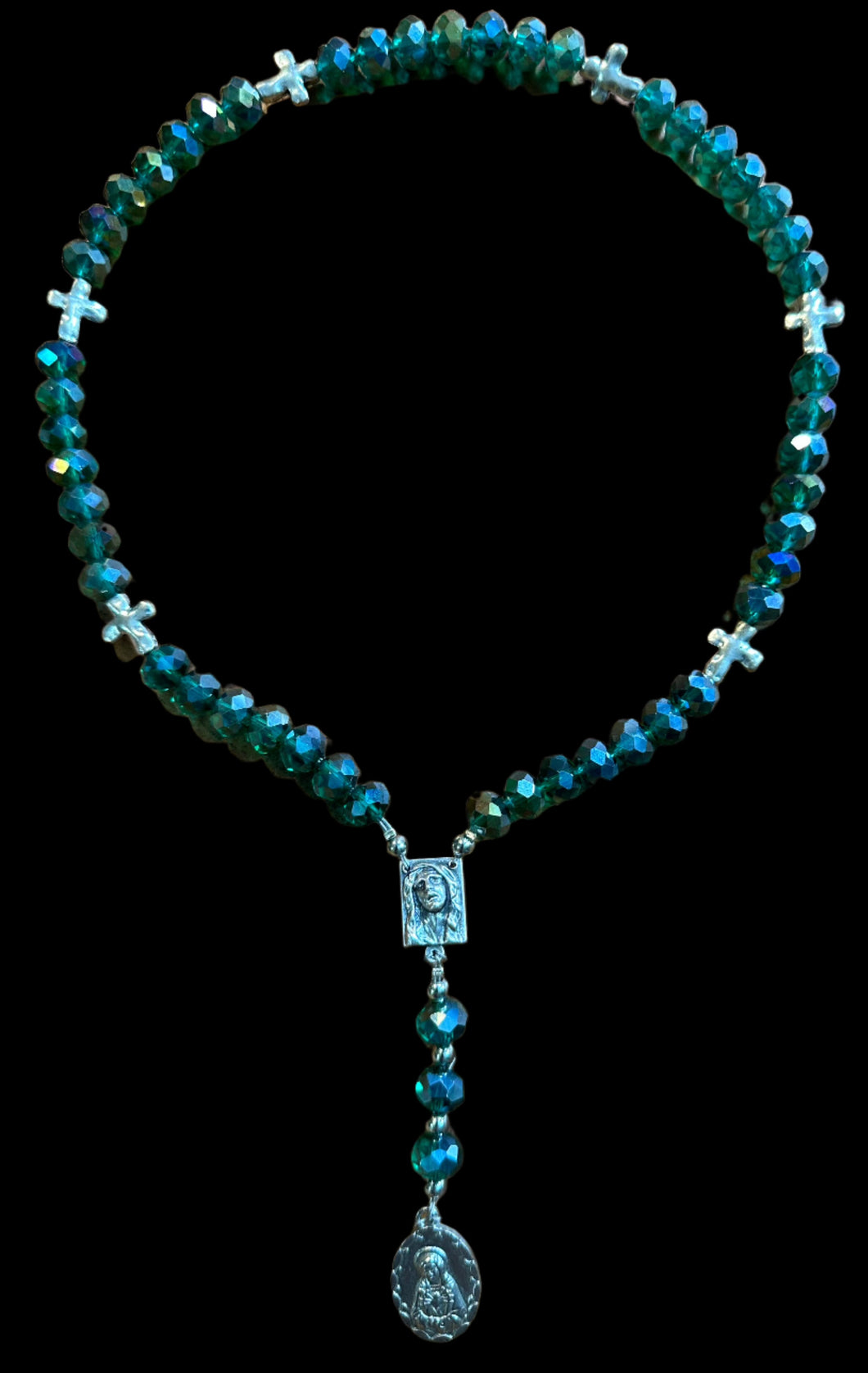 7 Sorrows Mater Dolorosa Centerpiece with Teal Glass Ave Maria Beads Silver Cross Pater Noster Beads