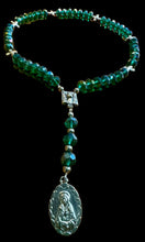 Load image into Gallery viewer, 7 Sorrows Mater Dolorosa Centerpiece with Teal Glass Ave Maria Beads Silver Cross Pater Noster Beads
