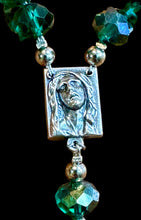 Load image into Gallery viewer, 7 Sorrows Mater Dolorosa Centerpiece with Teal Glass Ave Maria Beads Silver Cross Pater Noster Beads
