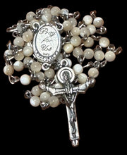 Load image into Gallery viewer, 12 Stars Crown Blessed Mother Centerpiece with Bone White Mother of Pearl 4mm Beads &amp; Trinity Crucifix
