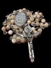 Load image into Gallery viewer, 12 Stars Crown Blessed Mother Centerpiece with Bone White Mother of Pearl 4mm Beads &amp; Trinity Crucifix
