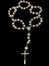 Load image into Gallery viewer, Medium Size Fresh Water Pearls Ave Maria Beads, No. Sra. de Fatima &amp; Divine Mercy Jesus Pater Noster Beads with No. Sra. de Fatima &amp; Divine Mercy Jesus Centerpiece
