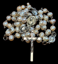 Load image into Gallery viewer, Medium Size Fresh Water Pearls Ave Maria Beads, No. Sra. de Fatima &amp; Divine Mercy Jesus Pater Noster Beads with No. Sra. de Fatima &amp; Divine Mercy Jesus Centerpiece
