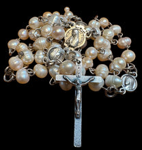 Load image into Gallery viewer, Medium Size Fresh Water Pearls Ave Maria Beads, No. Sra. de Fatima &amp; Divine Mercy Jesus Pater Noster Beads with No. Sra. de Fatima &amp; Divine Mercy Jesus Centerpiece
