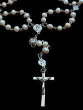 Load image into Gallery viewer, Medium Size Fresh Water Pearls Ave Maria Beads, No. Sra. de Fatima &amp; Divine Mercy Jesus Pater Noster Beads with No. Sra. de Fatima &amp; Divine Mercy Jesus Centerpiece
