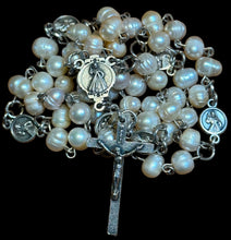 Load image into Gallery viewer, Medium Size Fresh Water Pearls Ave Maria Beads, No. Sra. de Fatima &amp; Divine Mercy Jesus Pater Noster Beads with No. Sra. de Fatima &amp; Divine Mercy Jesus Centerpiece
