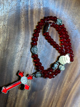 Load image into Gallery viewer, St Benedict Glass Red Faceted Round 10mm Beads with St. Michael Police Shield Centerpiece
