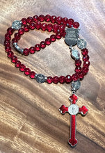 Load image into Gallery viewer, St Benedict Glass Red Faceted Round 10mm Beads with St. Michael Police Shield Centerpiece
