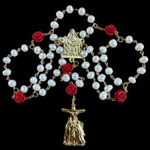 Load image into Gallery viewer, Crown of Pearls for Sorrowful Mother with Pieta Centerpiece and Calvary Crucifix GOLD TONE
