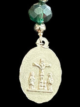 Load image into Gallery viewer, 7 Sorrows Mater Dolorosa Centerpiece with Teal Glass Ave Maria Beads Silver Cross Pater Noster Beads
