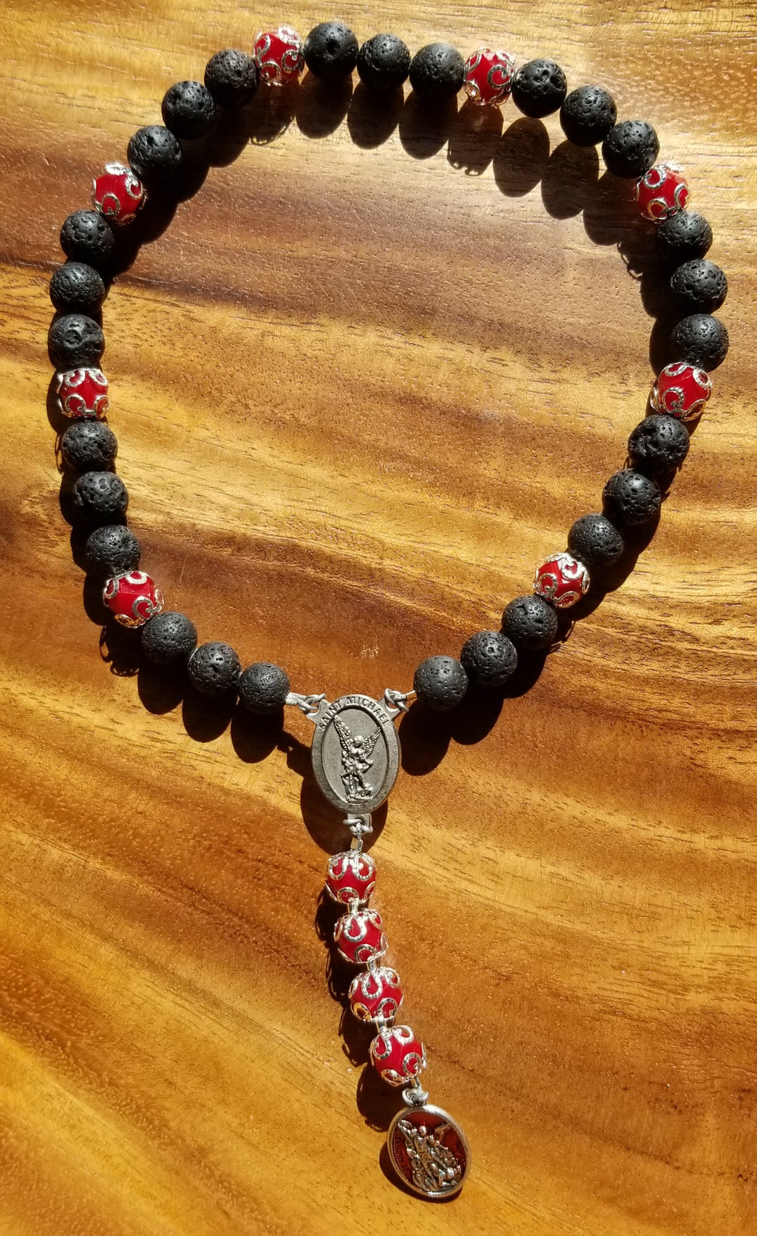 St. Michael Chaplet 10mm Black Lava Beads w/Capped Red Glassbeads with Silver Ornate Accents