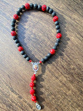 Load image into Gallery viewer, St. Michael Chaplet 8mm Black Lava Rock and 10mm Bright Red Rhinestones Beads with Color Centerpiece and Small Medal
