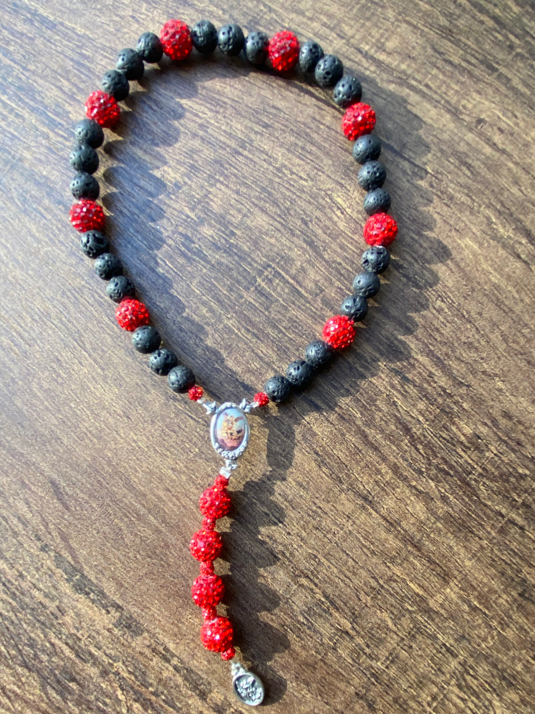 St. Michael Chaplet 8mm Black Lava Rock and 10mm Bright Red Rhinestones Beads with Color Centerpiece and Small Medal