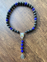 Load image into Gallery viewer, St. Michael Chaplet 10mm Black Lava and Royal Blue Rhinestone Beads with Color Enamel Centerpiece w/Regular St. Michael Medal

