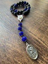 Load image into Gallery viewer, St. Michael Chaplet 10mm Black Lava and Royal Blue Rhinestone Beads with Color Enamel Centerpiece w/Regular St. Michael Medal
